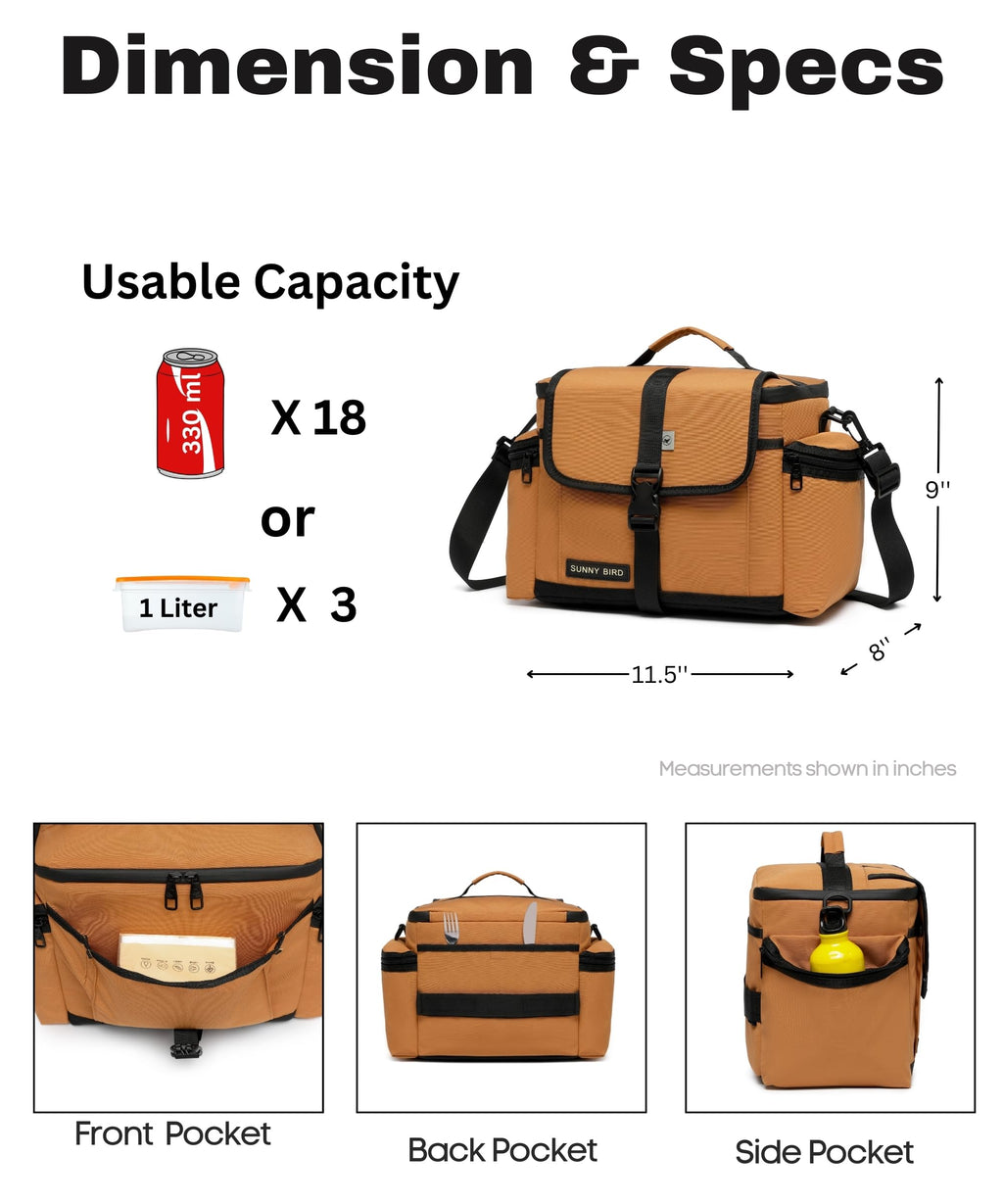 SUNNY BIRD Large Lunch Bag, Thermally Insulated Soft Cooler with Shoulder Strap for Women, Men (Brown)