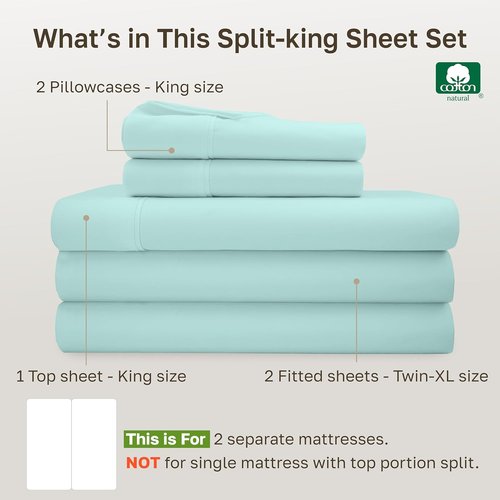 California Design Den Split King Bed Sheets Set - 100% Cotton, 400 Thread Count, Smooth Sateen Finish, Deep Pockets, Seafoam