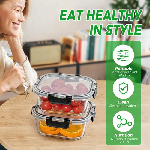 Hoenjuno 27 oz Glass Food Storage Containers with lids, 4 Pack Square Sandwich Containers/Box for Meal Prep, 3.3 Cup Glass Meal Prep Containers, Microwave, Oven, Freezer and Dishwasher, BPA-free