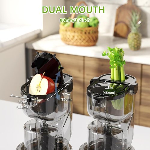 Cold Press Juicer, 3.2" Feed Chute with Dual Strainers (Juice & Sorbet), Cold Press Juicer For Whole Fruits & Vegetables, Juicer Machines with BPA Free (Gray)
