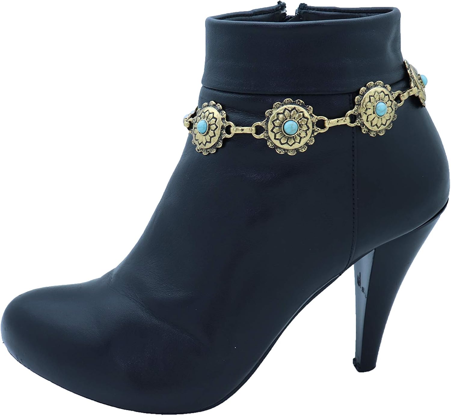 Skiennix Antique Metal Boot Chain Anklet - Western Fashion Jewelry with Turquoise Blue Beads