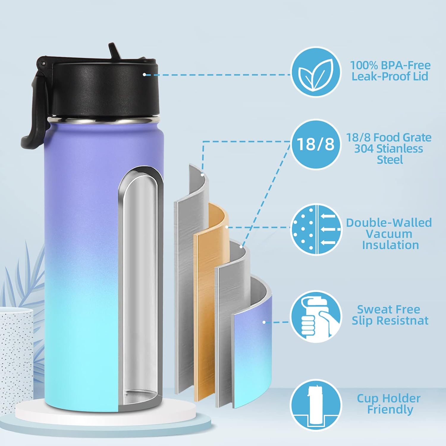 Volhoply 18oz Kids Insulated Water Bottle - Stainless Steel with Straw Lid | Double Wall Vacuum Flask (Purple Blue)