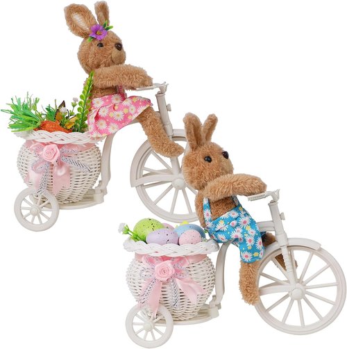 Juegoal Easter Tabletop Decorations - Set of 2 Cute Bunny Couple Figurines | 10" Rabbits on Bike