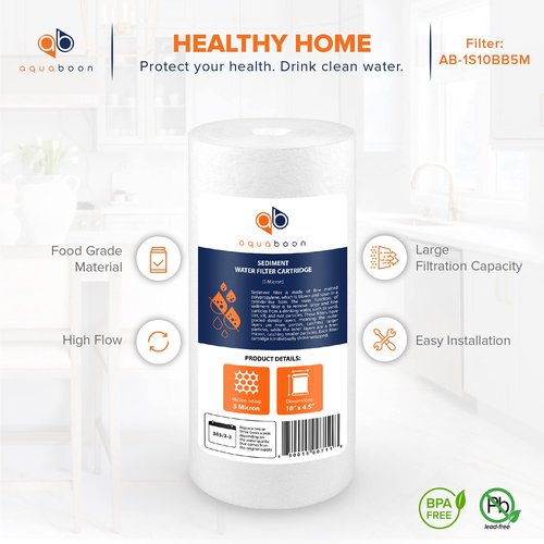 Aquaboon 5 Micron 10 x 4.5 Well Water Sediment Filter Replacement Whole House Water Filter Cartridge Compatible with DGD-5005, WFHD13001B, 6-Pack
