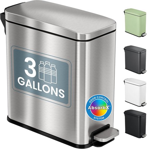 iTouchless 3 Gallon Stainless Steel Trash Can - Soft-Step Lid & Deodorizer | Fingerprint-Proof, Silver