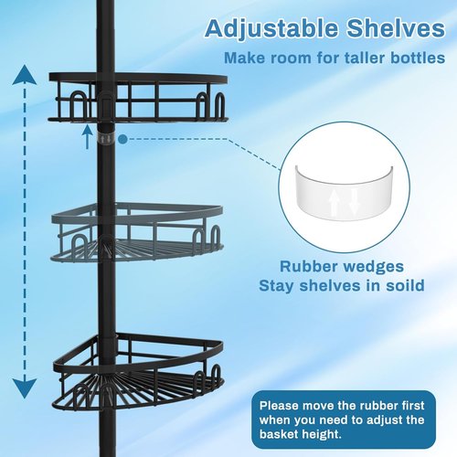 Cutefafa Rustproof Corner Shower Caddy - Height Adjustable Tension Pole with 4 Large Baskets | 23.6 to 114.5 Inch