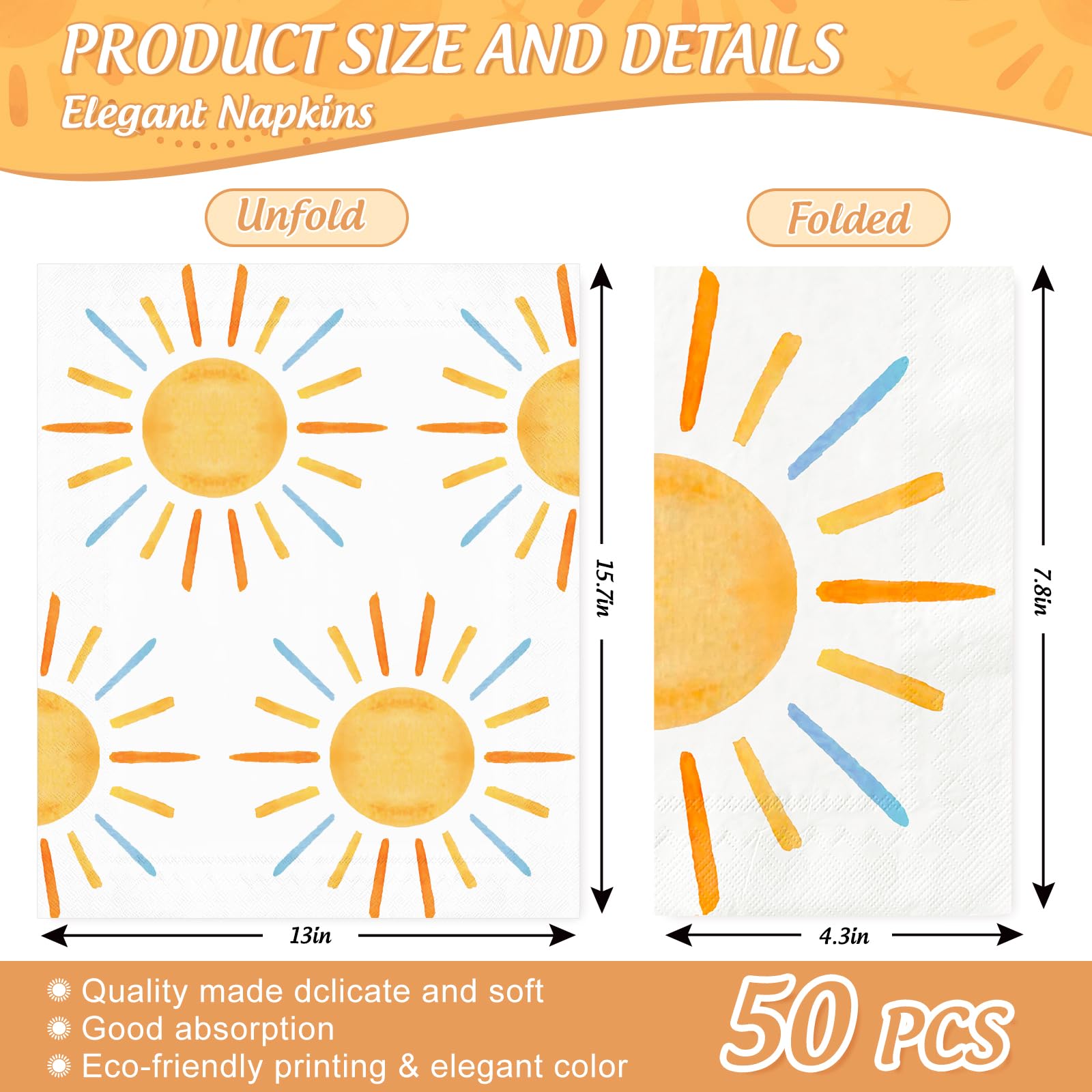 JarThenaAMCS 100 Pcs Colorful Sun Paper Guest Napkin First Trip Around The Sun Napkin Sunshine Disposable Dinner Hand Towels for Home Bathroom Party Supplies