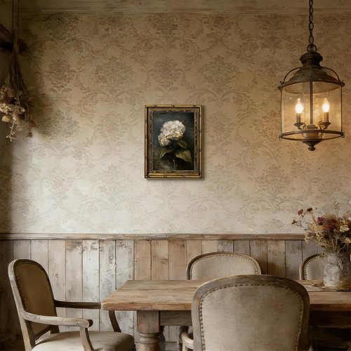 Framed White Hydrangea Oil Wall Art - Vintage Floral Canvas Print for Living Room | 12x16in
