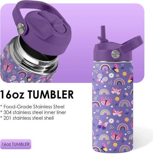 Butterfly Gifts 16oz Purple Kids Water Bottle - Insulated Stainless Steel, Leakproof & BPA-Free Tumbler for School & Travel