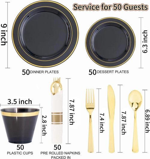 350 Pieces Black and Gold Plastic Plates with Disposable Silverware, Include 50 Dinner Plates 9”, 50 Dessert Plates 6.3”, 50 Black Cups 9 OZ, 50 Pre Rolled Napkins for Birthday Weddding Party