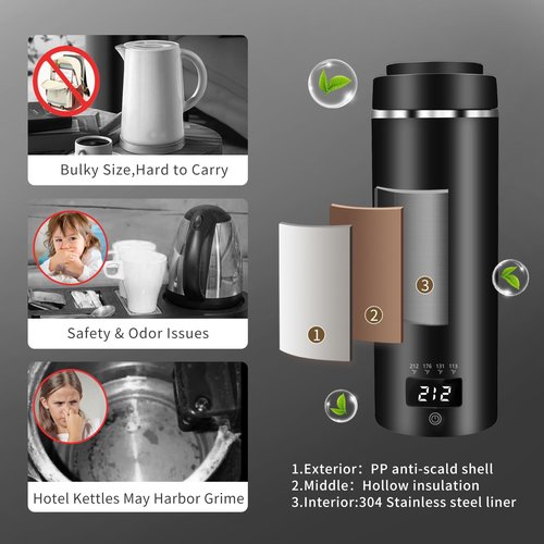 Portable Travel Electric Kettle with Plug-in Boiling & Keeps Warm via USB, 4 Temperature Settings, 304 Stainless Steel with Auto Shut-off 16oz(Black）