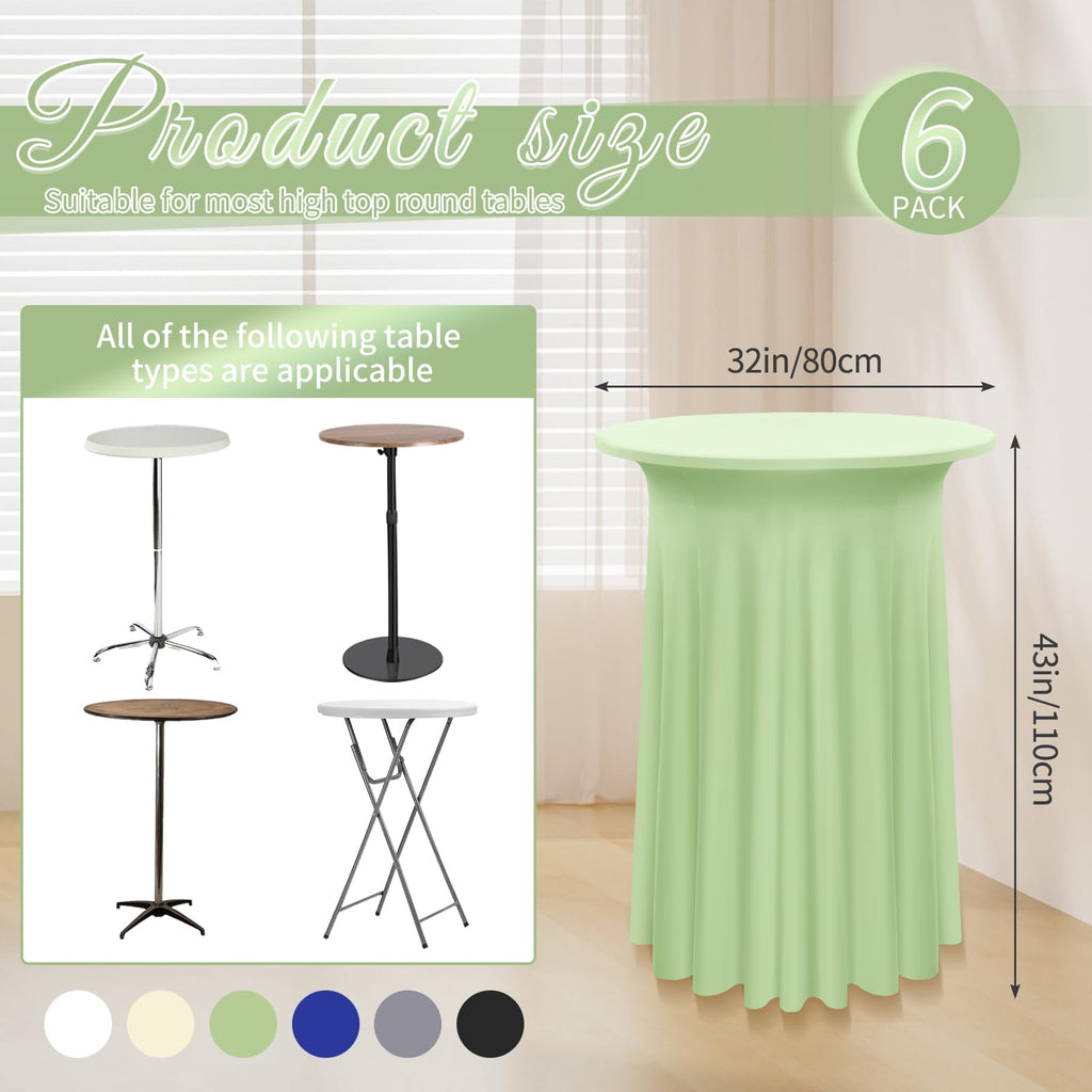 Pesonlook 6 Packs Round Cocktail Table Skirt 32"x 43", Sage Green Cocktail Table Cloth with Skirt, Spandex Stretch Table Cover Fitted High Top Table for Party Banquet
