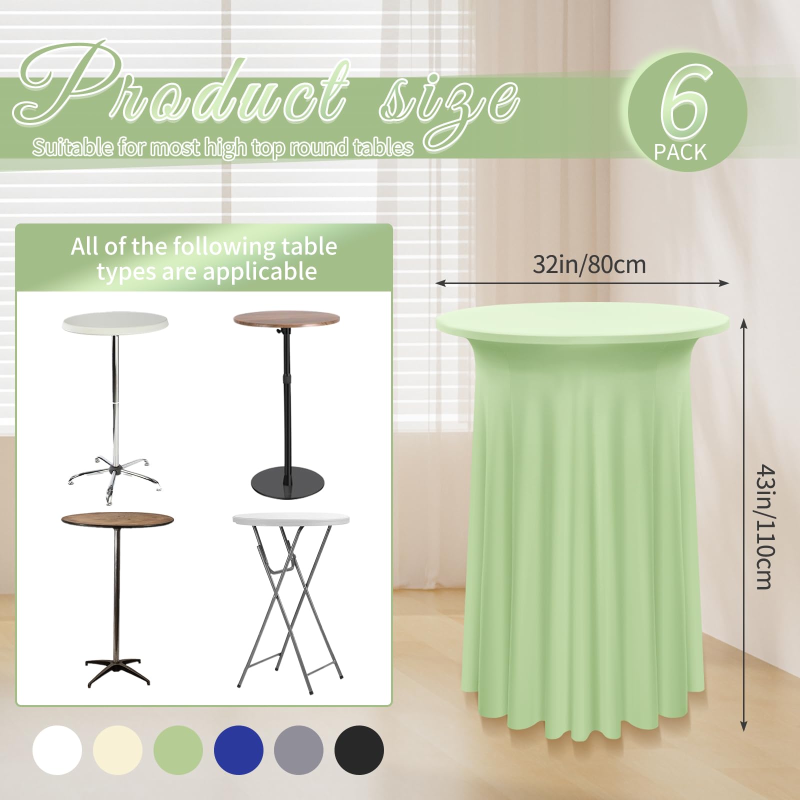 Pesonlook 6 Packs Round Cocktail Table Skirt 32"x 43", Sage Green Cocktail Table Cloth with Skirt, Spandex Stretch Table Cover Fitted High Top Table for Party Banquet