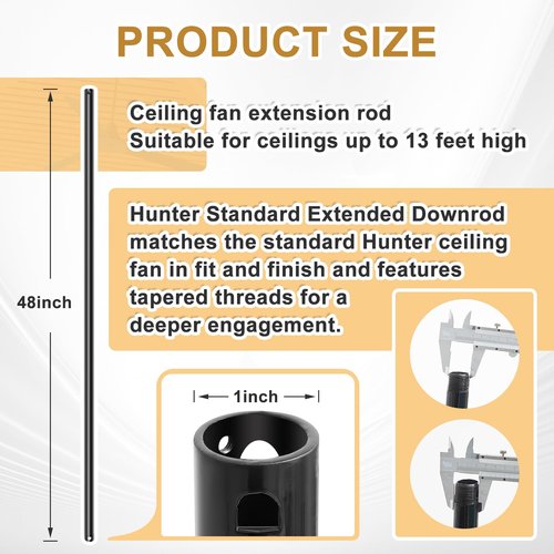 Yaocom 2 Pack 48 Inch Compatible with Hunter Fan Company, 25148 Ceiling Fan Downrod Extension Rod, Specialty Black Ceiling Drop Bar, Metal Durable Threaded