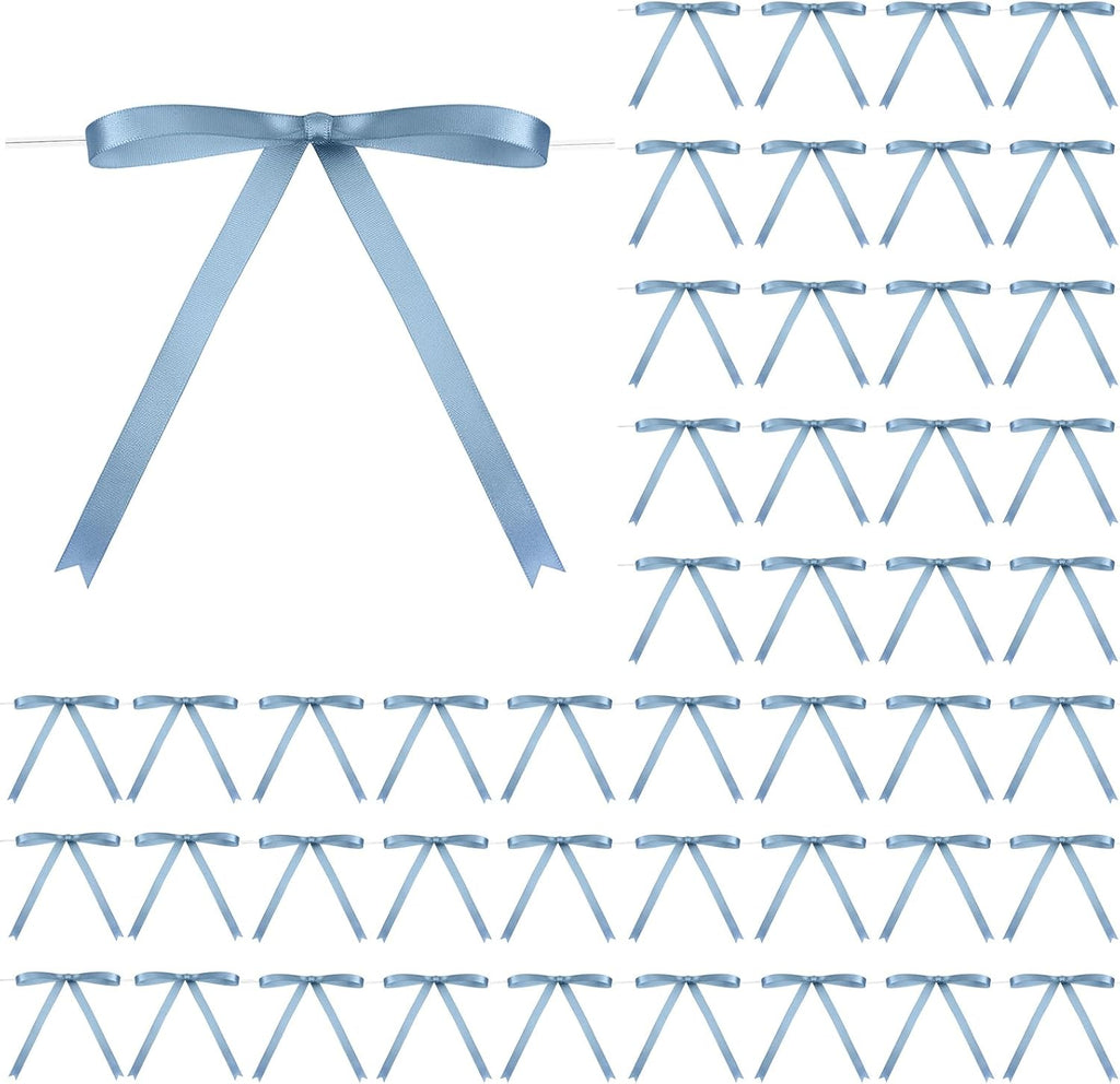 Riceshoot Satin Ribbon Bows - 50 Pcs Dusty Blue 5x7 Inch Twist Ties for Gift Wrapping & Decor