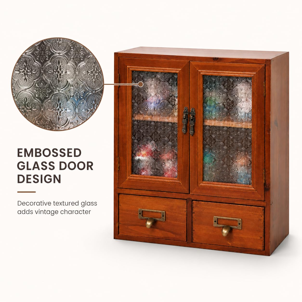 Geometric Motif Mahogany Storage Cabinet with Floral-Embossed Pressed Glass Doors – Victoria Floral Patterned Display Cupboard with 2 Drawers for Kitchen, Pantry and Countertop Organization