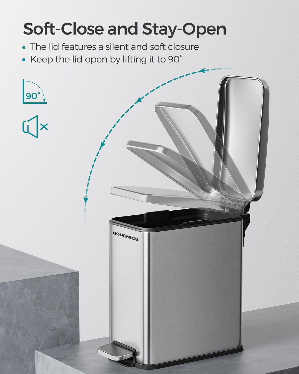 SONGMICS Bathroom Trash Can, 1.3 Gallon (5 L) Small Trash Bin with Lid, Slim for Small Spaces, Stainless Steel Garbage Can, Soft Close, Silver ULTB560E05
