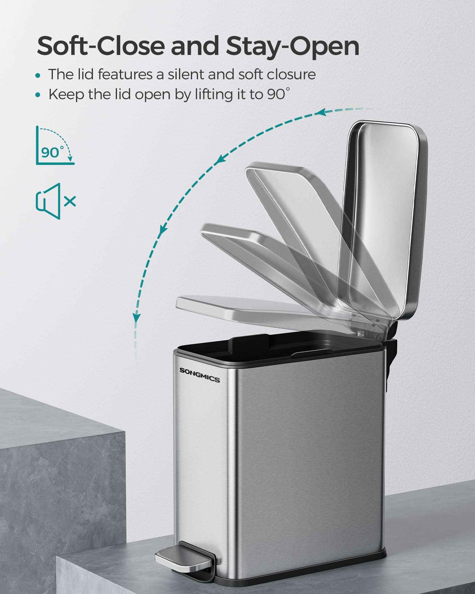 SONGMICS Bathroom Trash Can, 1.3 Gallon (5 L) Small Trash Bin with Lid, Slim for Small Spaces, Stainless Steel Garbage Can, Soft Close, Silver ULTB560E05