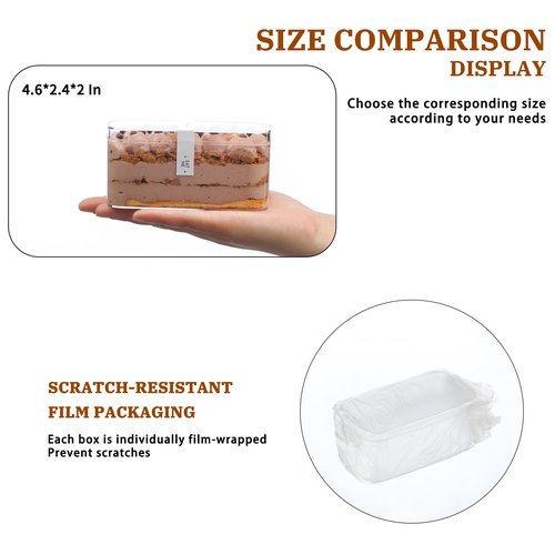 FZJ 10OZ Rectangle Clear Plastic Cups with Lids and Sporks&Stickers Disposable Fruit Cups for Dessert,Tiramisu container with lid,Cupcake,Parfait,Pudding,Iced Cold Drinks,Fruits,Bakeries (50)