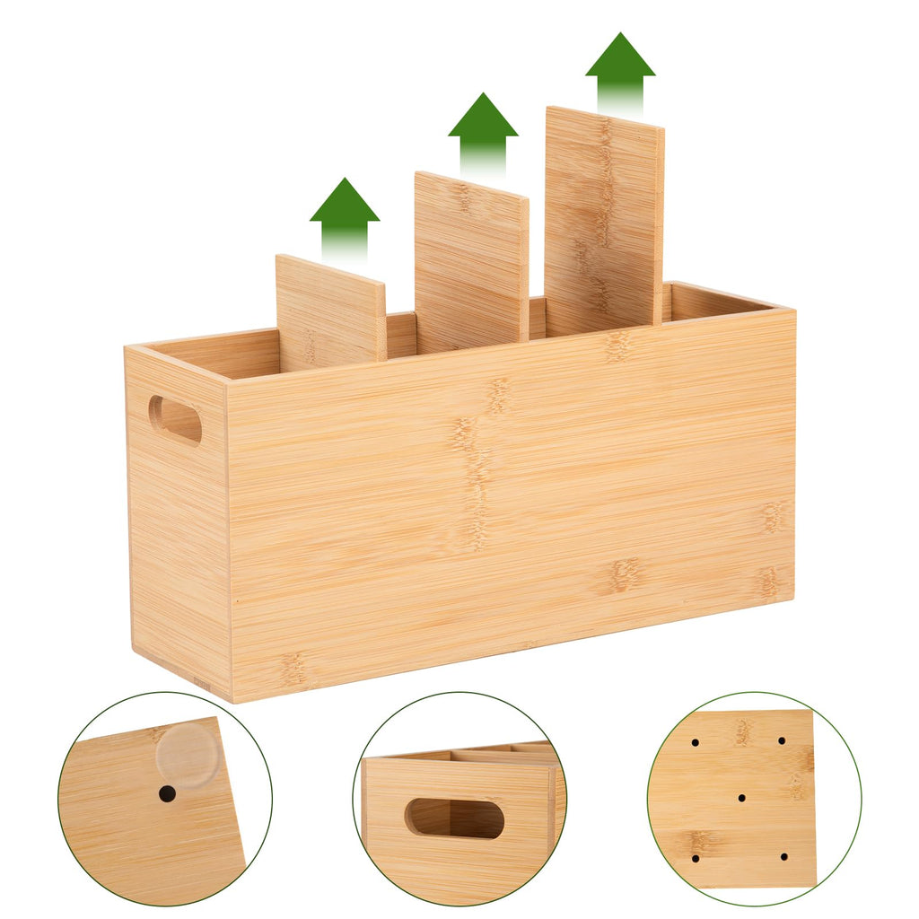 HUCINIUN Extra Large Bamboo Utensil Holder with 4 Compartments, Large Wooden Utensil Holder for Kitchen Counter