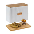 HOME PALETTE Extra Large Bread Box for Kitchen Countertop Corner Breadbox for Homemade Bread Metal White Vertical Stripe Pattern Embossed Storage Container Bin with Bamboo Lid Fits 2 Loaves of Bread