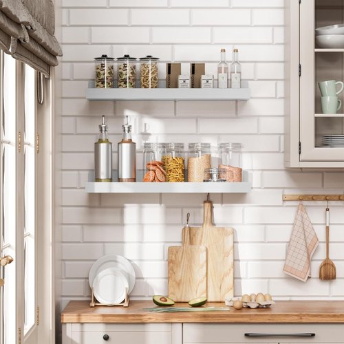 Heimlove 16-Inch Picture Ledge Shelf Set of 8 - White Floating Wall Shelves for Living Room & Nursery