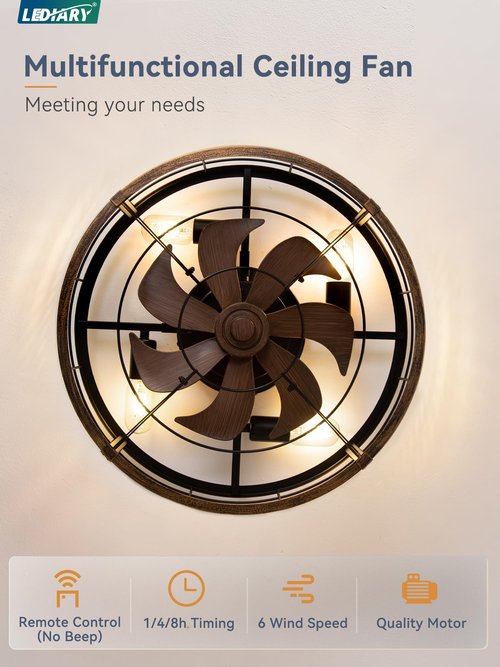 LEDIARY 20" Caged Ceiling Fan with Light and Remote, Low Profile Flush Mount Fandelier, Black Gold Bladeless Enclosed Small Fan Lights Ceiling Fixtures, Rustic Farmhouse Style for Bedroom, Outdoor