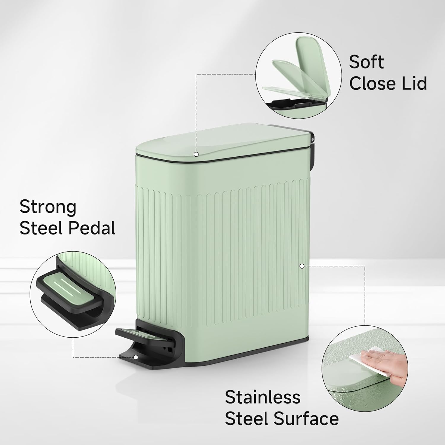 TIPGO Slim Bathroom Trash Can - Soft Close Lid & Step Pedal, 6L Stainless Steel Bin | Green