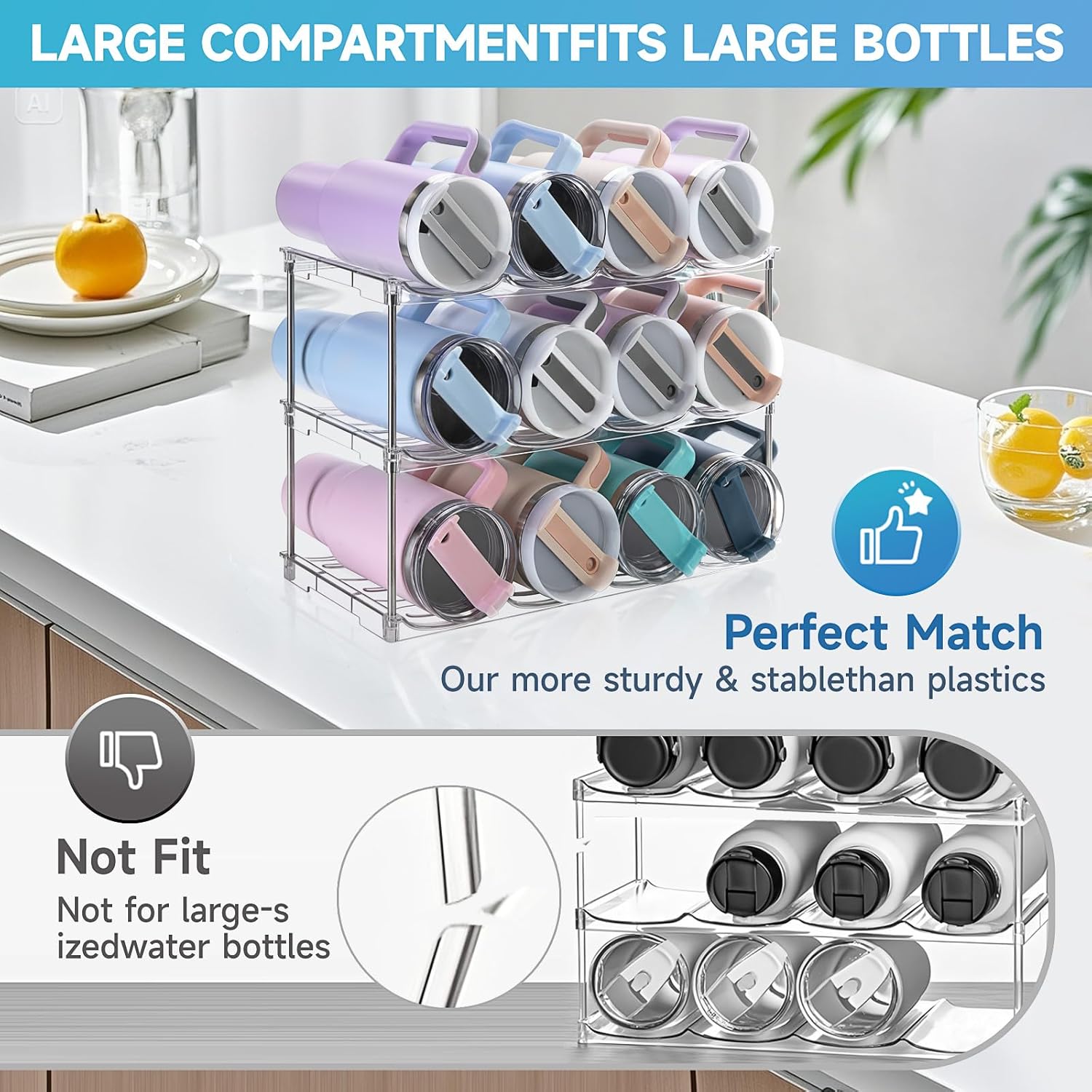 Stanley 40 oz Tumbler Water Bottle Organizer - Stackable Storage Rack for Kitchen | 3 Pack