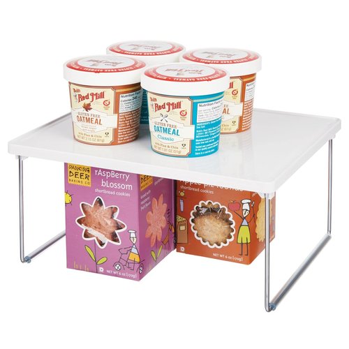 mDesign Metal Stacking Storage Organization for Shelves Inside Cabinets in Kitchen, Pantry, Cupboard, or Fridge/Freezer - Organizer Stand for Food, Plates, Bowls, Mugs, Ligne Collection, 2 Pack, White