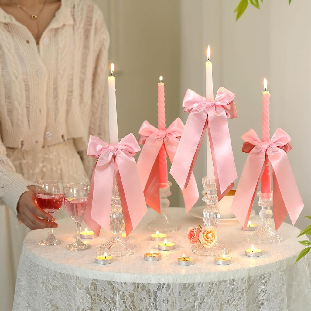Skiennix 12 Pcs Pink Candlestick Bows - Double-Layer Satin Ribbon Pre-Tied Bowknot for Weddings & Parties