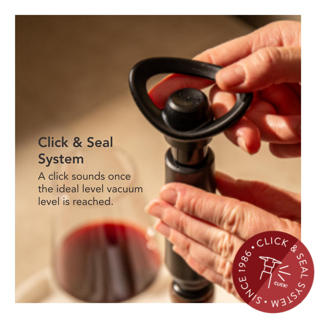 Vacu Vin Wine Saver Concerto – Premium Wine Preserver Vacuum Pump with 2 Stoppers – Made in the Netherlands – Airtight Seal Keeps Red or White Wine Fresh up to 10 Days – Click Indicator – Black
