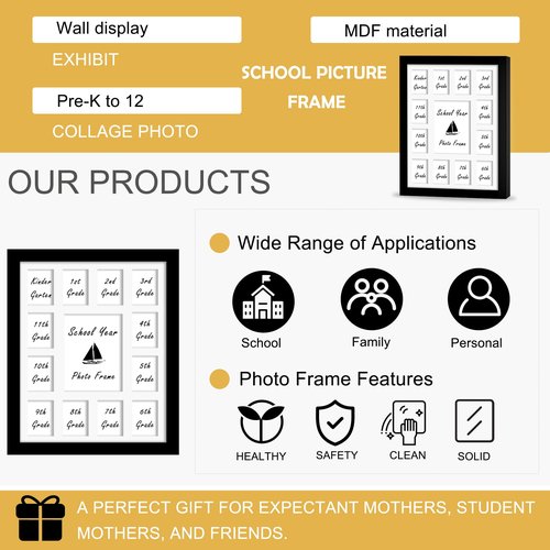 DUENPY 12x16 School Year Picture Frame K-12 Displays One 5x7 Photo and Twelve 2.5x3.5 Pictures Graduation Photo Collage Wall Hanging Collage School Picture Frame Black