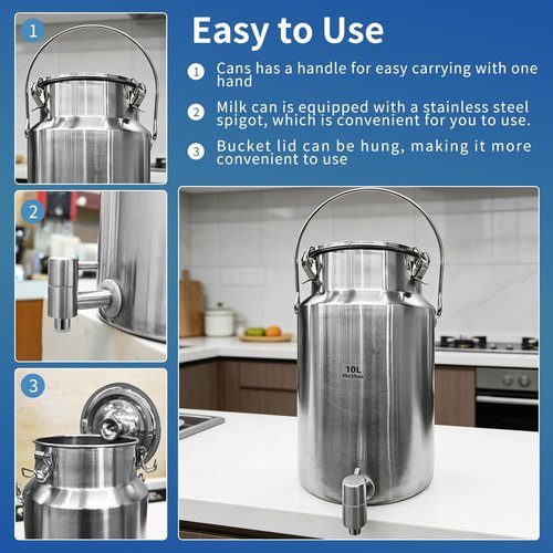 SWRONP 2.6 Gallon Water Dispenser,10L Water Jug304 Stainless Steel Milk Can with Spigot,Airtight Food Storage Bucket,Leak-proof Liquid Storage Container with Tight Lid and Long Swivel Handle,Oil Pail