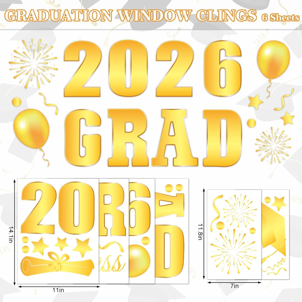 Whaline Graduation Window Clings - Class of 2026 Gold Foil Decor | Reusable Decals for Home & School