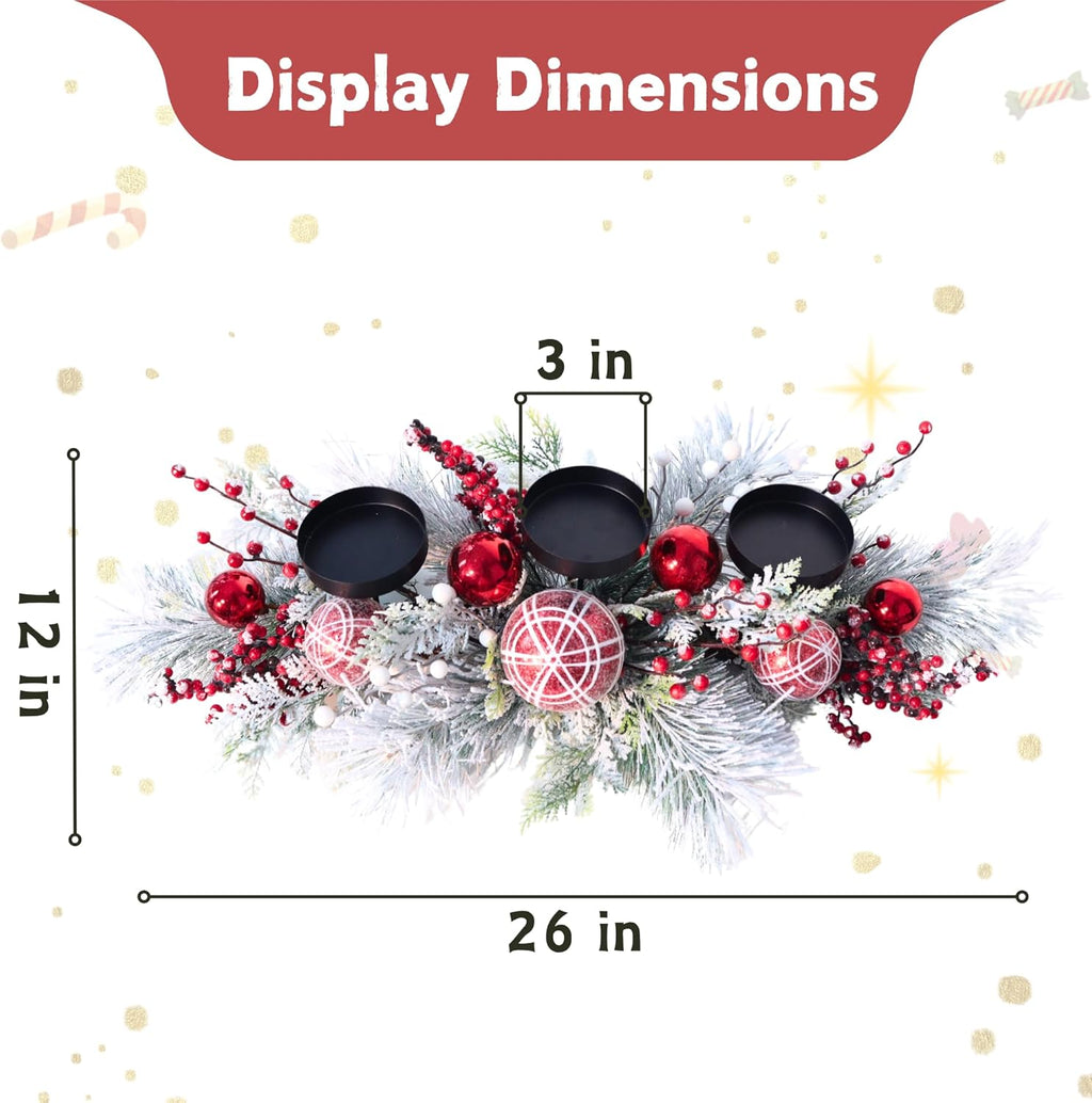 Regine Switzerland Christmas Candle Holder Centerpiece - Red Ornaments & Frosted Pine Branches | Holiday Table Decoration