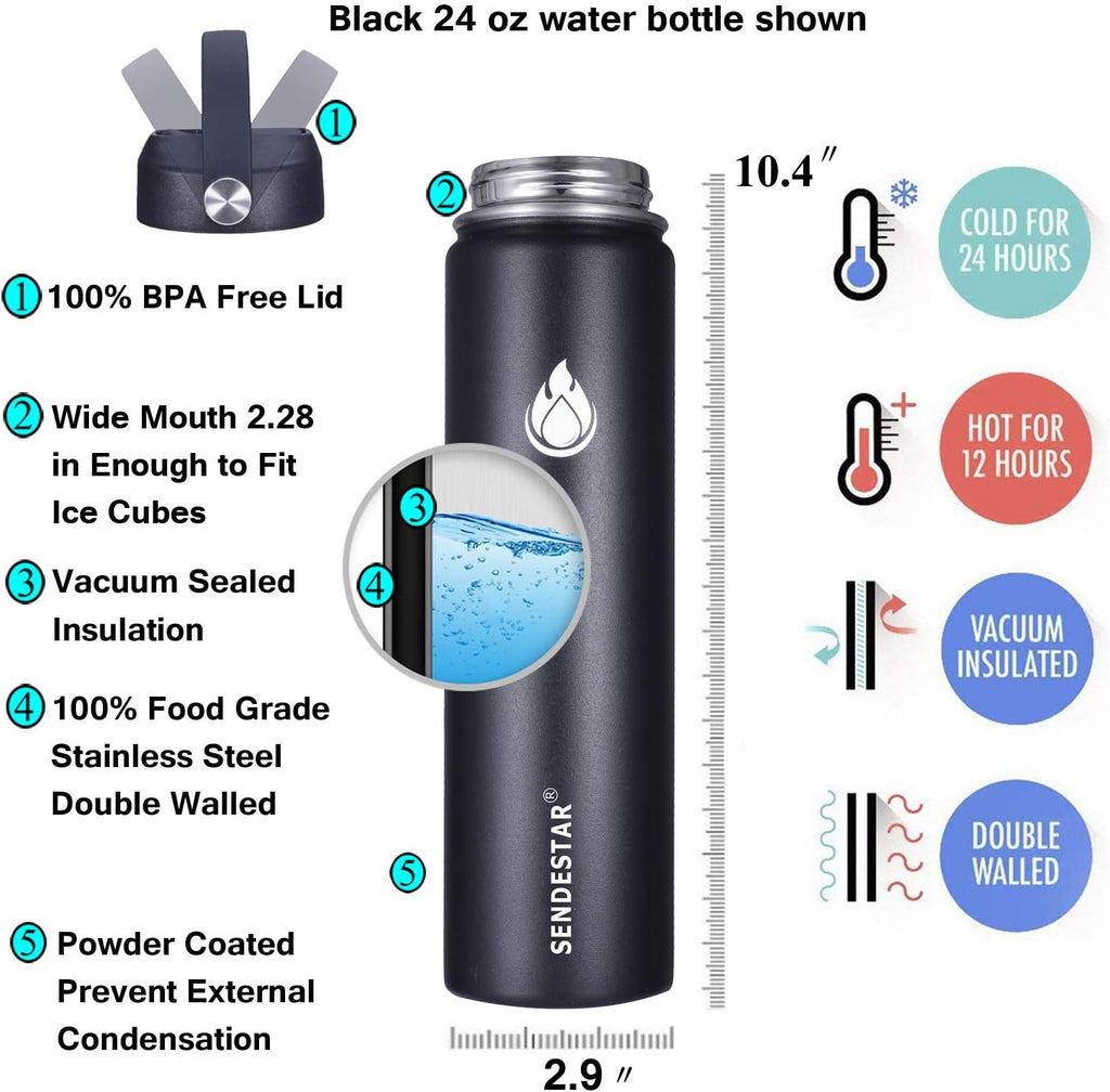 SENDESTAR Insulated Water Bottle - 24 Oz Double Wall Vacuum Stainless Steel | Keeps Drinks Hot or Cold (Black)