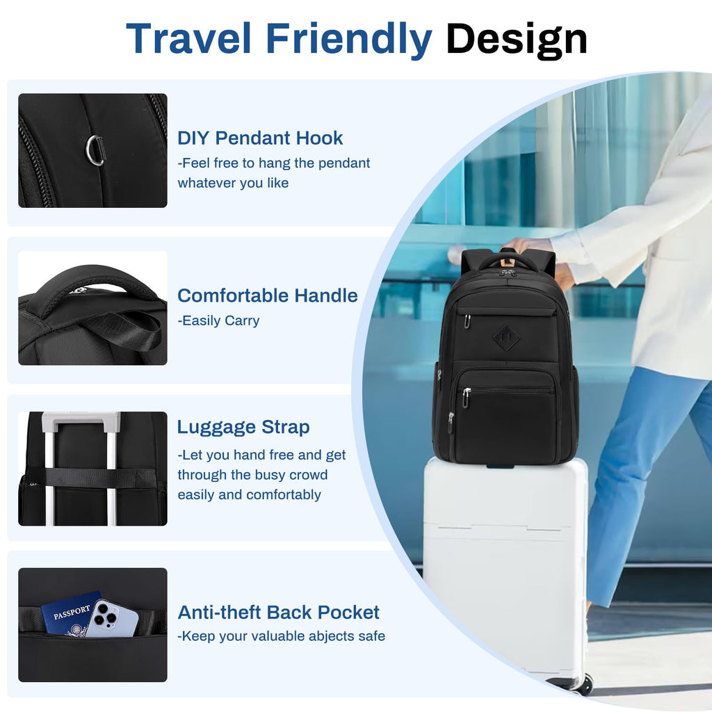 School Backpack for Girls, Lightweight Kids Bookbag for Boys Classic College Backpack for Teen Men Women with Luggage Strap, Age 8-18 Years Old, Black