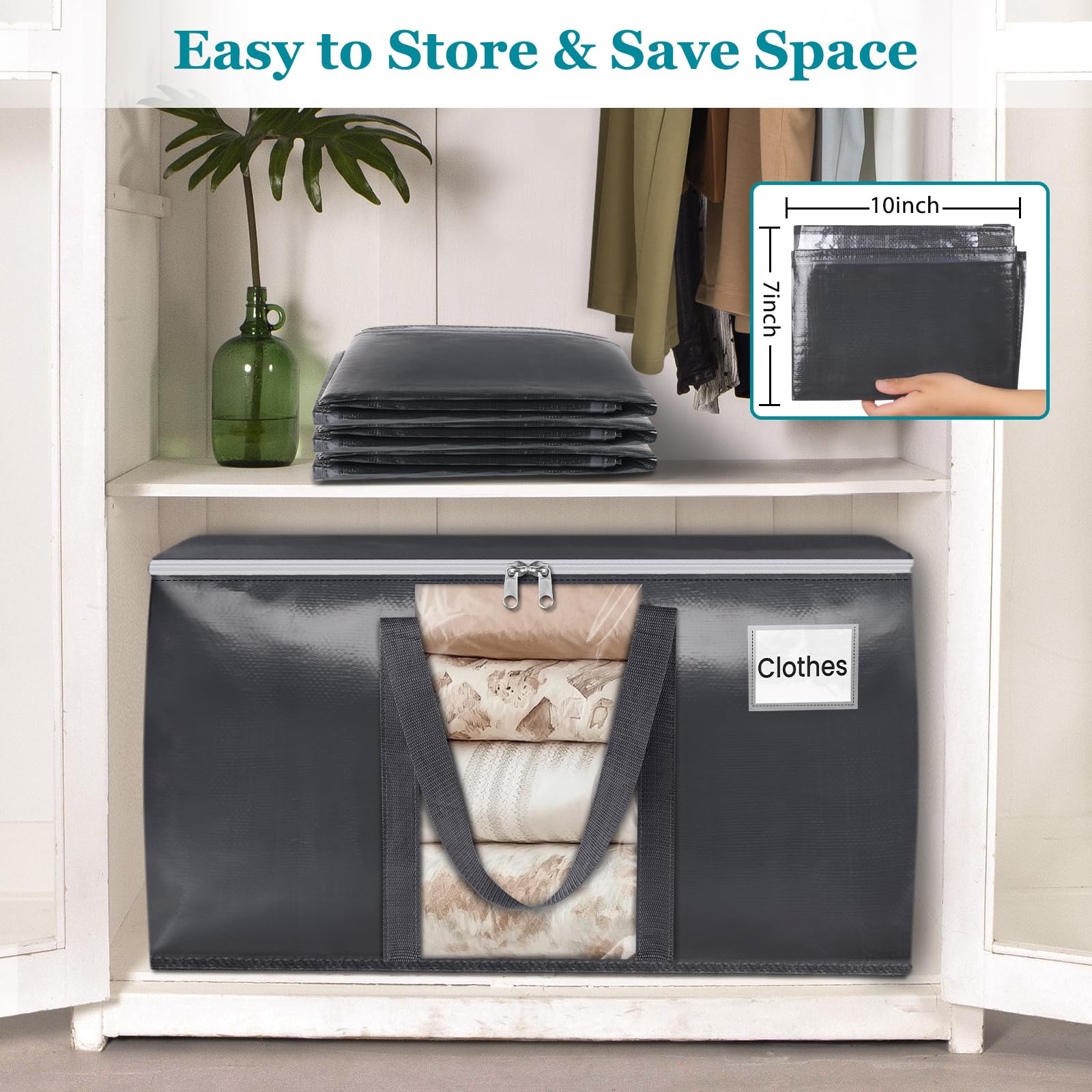 HomeHacks 10 Pack Extra Large Moving Bags with Visual PVC Window & Zippers, Storage Totes with Reinforced Handles, Heavy Duty Storage Bags for Packing, Moving, Storage (125L,Grey)