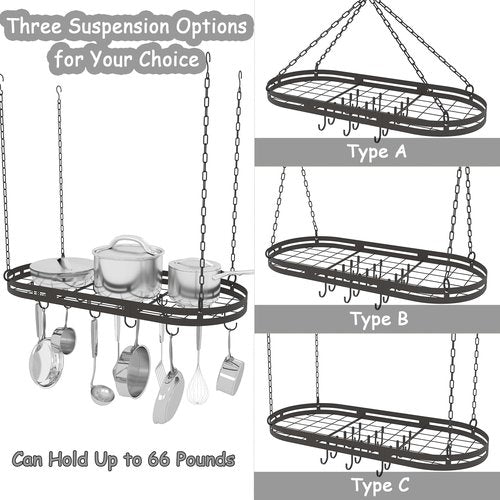 33” Hanging Pot Rack Ceiling Mount, Black Metal Pan Rack Hanging with 15 Hooks, Oval Pots and Pans Hanging Rack, Ceiling Hanging Pot Racks with Grid, Pan and Pot hangers for Kitchen Cookware Utensils