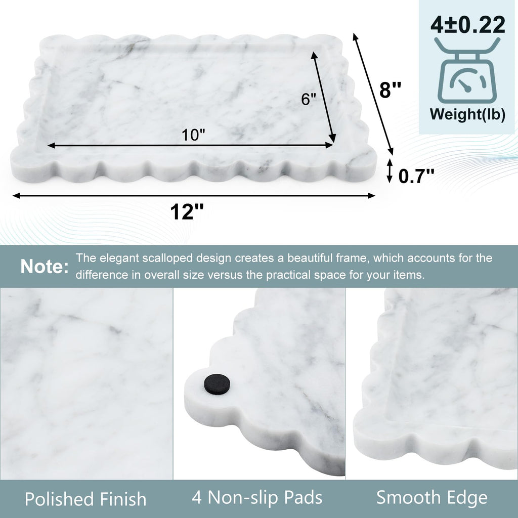 Real Natural Scalloped Marble Tray for Bathroom, Vanity, Kitchen and Desktop, Decorative Stone Tray for Jewelry, Cosmetics, Candles, Lotion, Perfume and Home Decor (12" L x 8" W)
