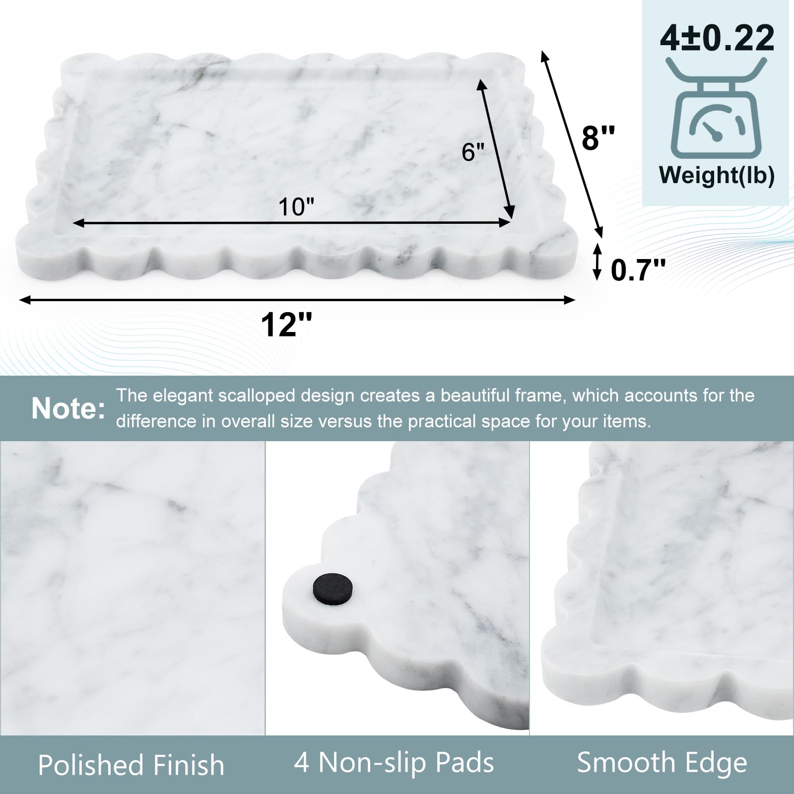 Real Natural Scalloped Marble Tray for Bathroom, Vanity, Kitchen and Desktop, Decorative Stone Tray for Jewelry, Cosmetics, Candles, Lotion, Perfume and Home Decor (12" L x 8" W)