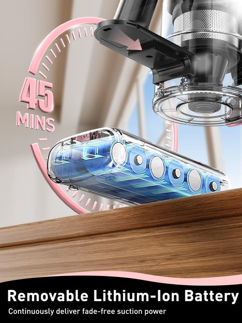 VICEASE Cordless Vacuum Cleaner, 8 in 1 Powerful Suction Lightweight Vacuum Cleaner for Home, LED Display, 3 Suction Modes, 45Mins Detachable Battery Vacuum for Hard Floor Carpet Pet Hair, Pink