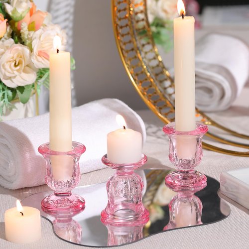 sunnyfuture 10pcs Pink Candlestick Holders, Glass Taper Candle Holders for Table Centerpiece Decor, Wedding, Valentine's Day, Mother's Day, Party Gift