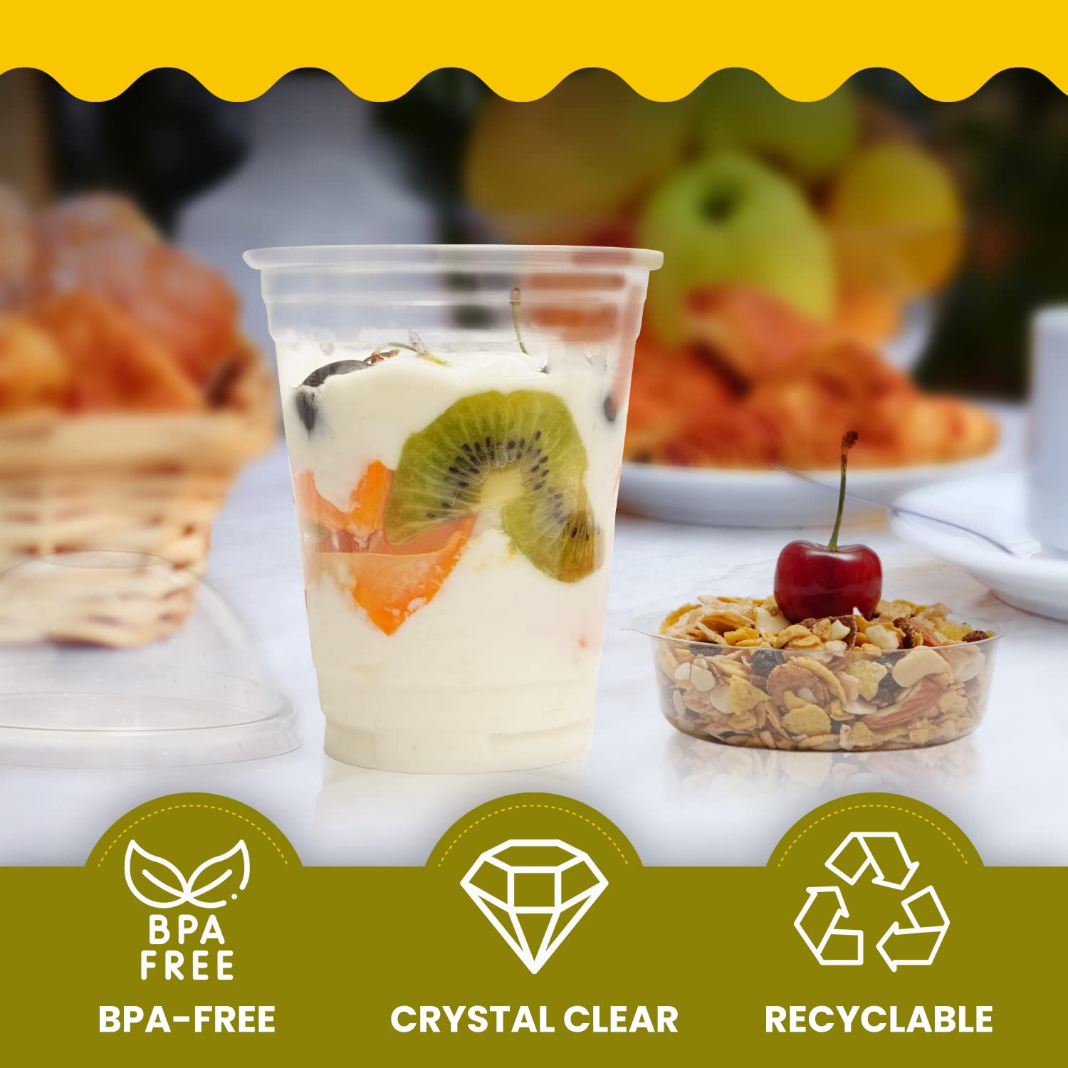 Parfait Cups - 9 Oz - 50 Set - Reusable Dessert Cups With Flat Lids & Inserts - Crystal Clear Plastic - Spill and Leak Proof
