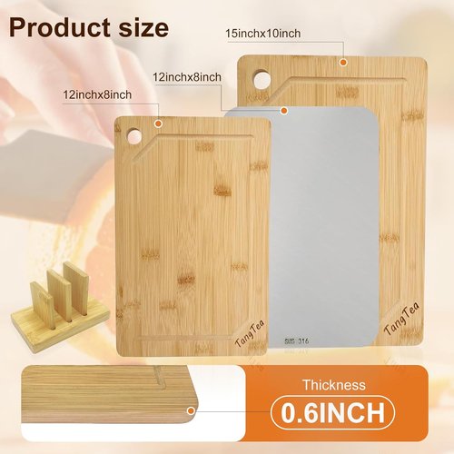 Bamboo Cutting Board Set - 3-Piece Kitchen Prep Station with Stand & Stainless Steel Defrosting Tray