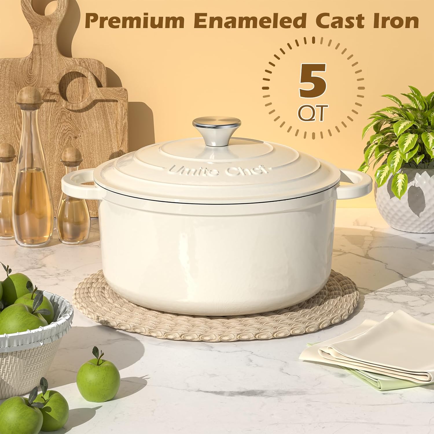 Umite Chef Enameled Cast Iron Dutch Oven - 5QT Heavy-Duty Pot with Lid & Potholders | Cream White for Baking & Roasting