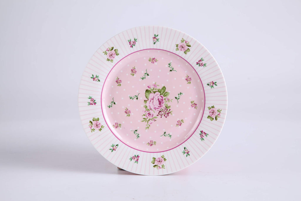 London Boutique Cake Plate Set 4 Porcelain Fine China Wide Rimmed Shabby Chic (Rose Pink)