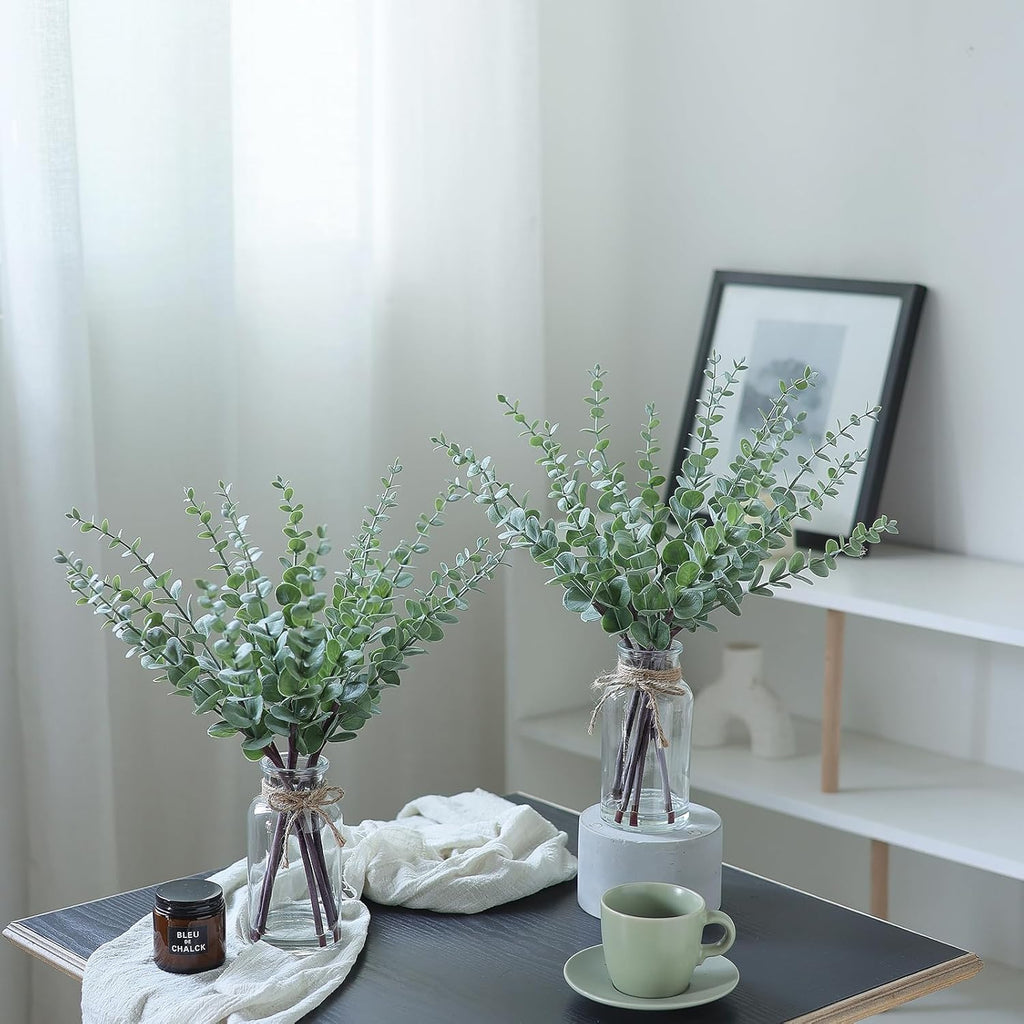 VIERENA Eucalyptus Stems - 17.5" Artificial Plant in Glass Vase with Faux Water | Sage Green Centerpiece Decor