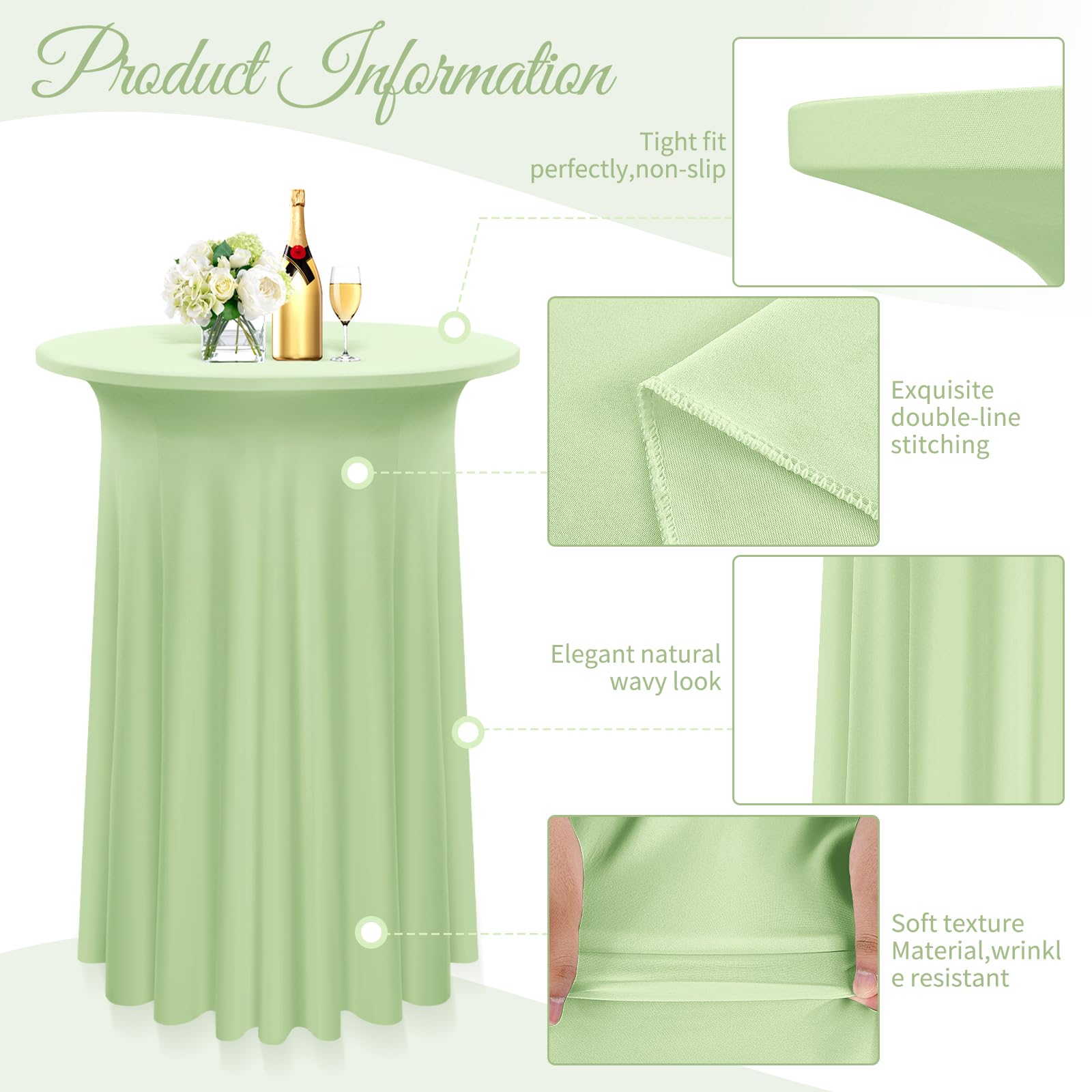 Pesonlook 6 Packs Round Cocktail Table Skirt 32"x 43", Sage Green Cocktail Table Cloth with Skirt, Spandex Stretch Table Cover Fitted High Top Table for Party Banquet